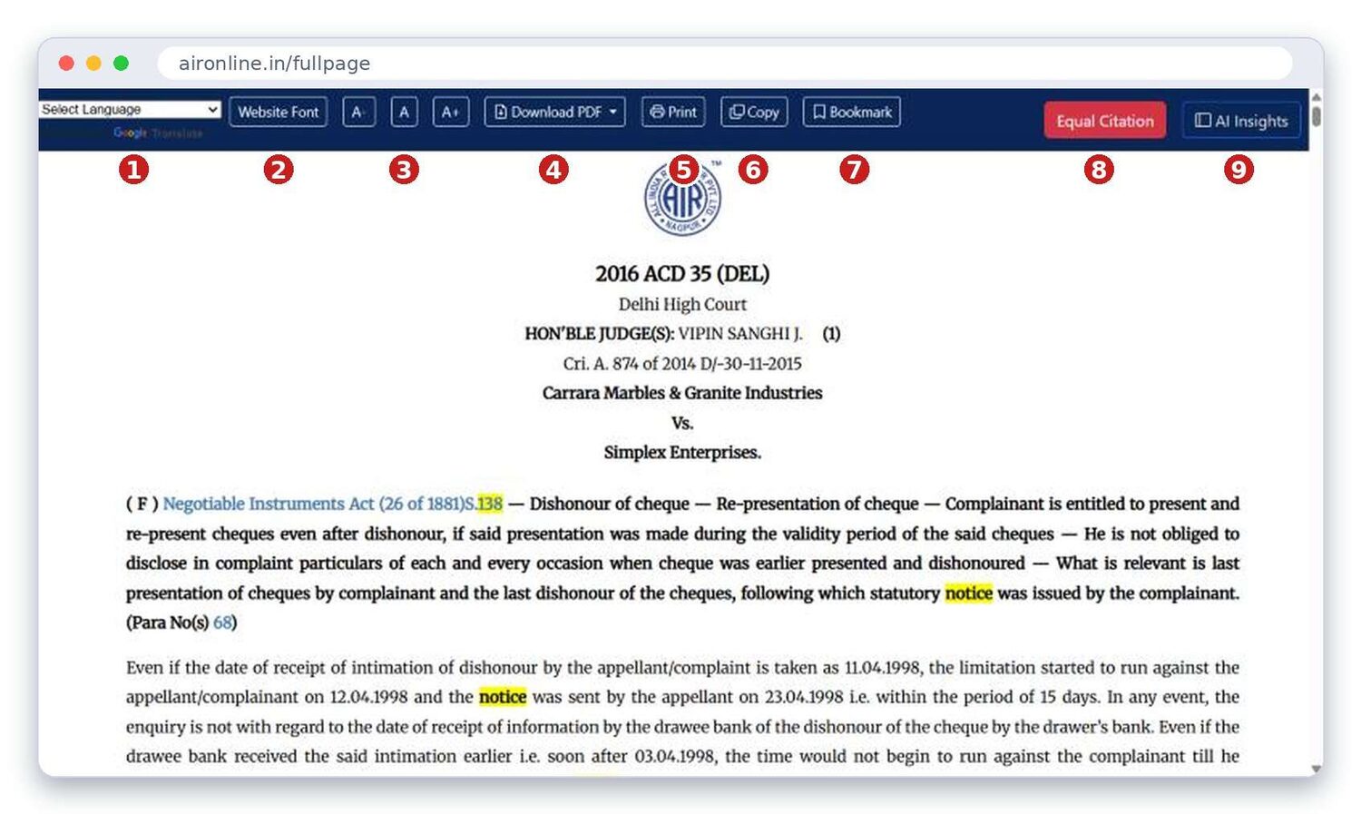 A judgment page with its toolbar